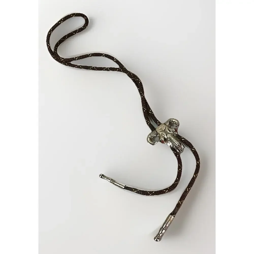 Western Ram Skull Bolo Tie Silver Tone Red Eyes Brown Braided Cord 33”